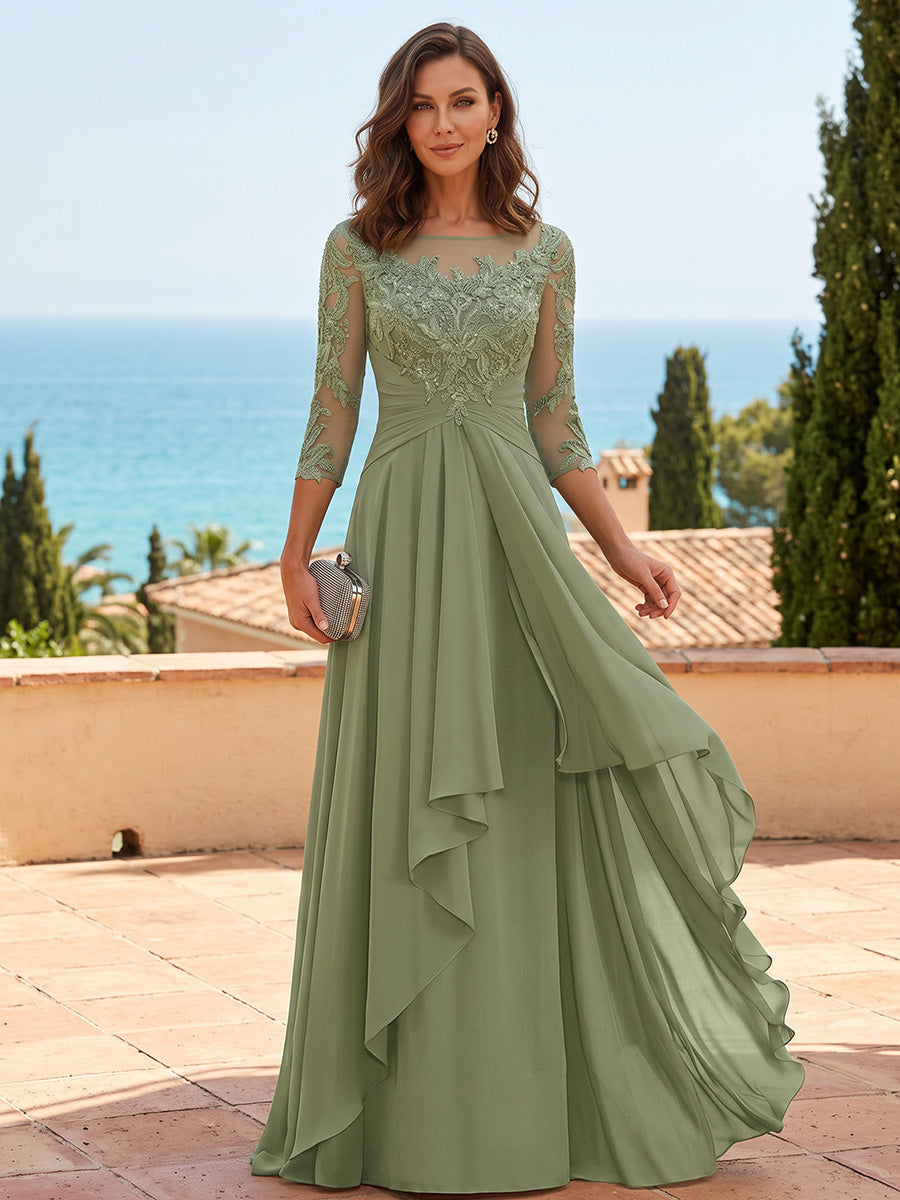 A-Line/Princess Scoop Neck Chiffon Floor-Length Mother of the Bride & Groom Dresses with Lace Appliques & Pleats (SHI22501611)