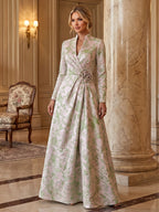 A-Line/Princess V-Neck Jacquard Maxi Mother of the Bride & Groom Dresses with 3D Flowers & Ruched Waist (SHI22501616)