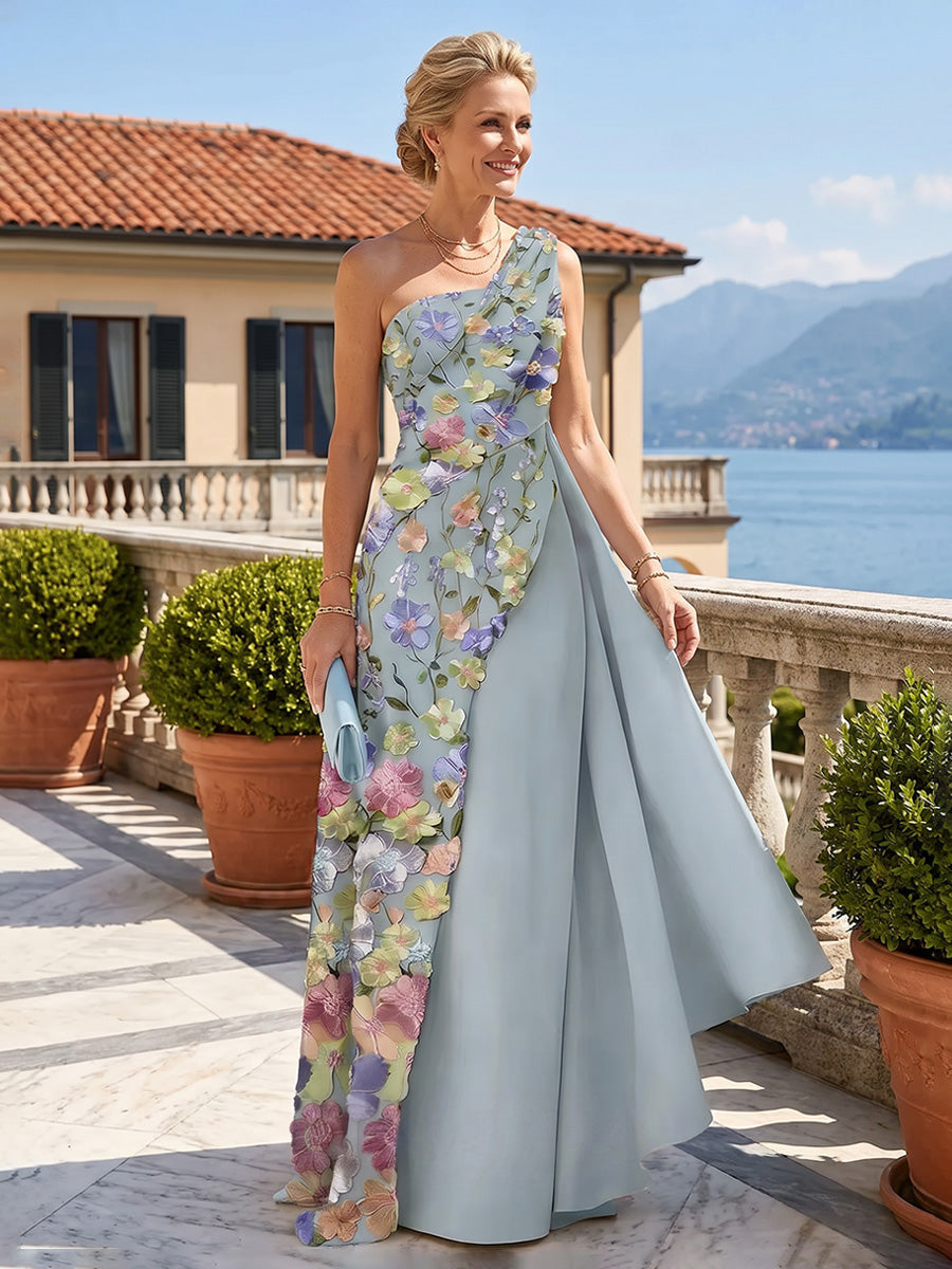 Sheath/Column One Shoulder Floral Embroidery Floor-Length Mother of the Bride & Groom Dresses with Side Draped Sash (SHI22501617)