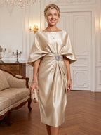 Sheath/Column Scoop Neck Satin Tea-Length Mother of the Bride & Groom Dresses with Ruched Waist (SHI22501621)