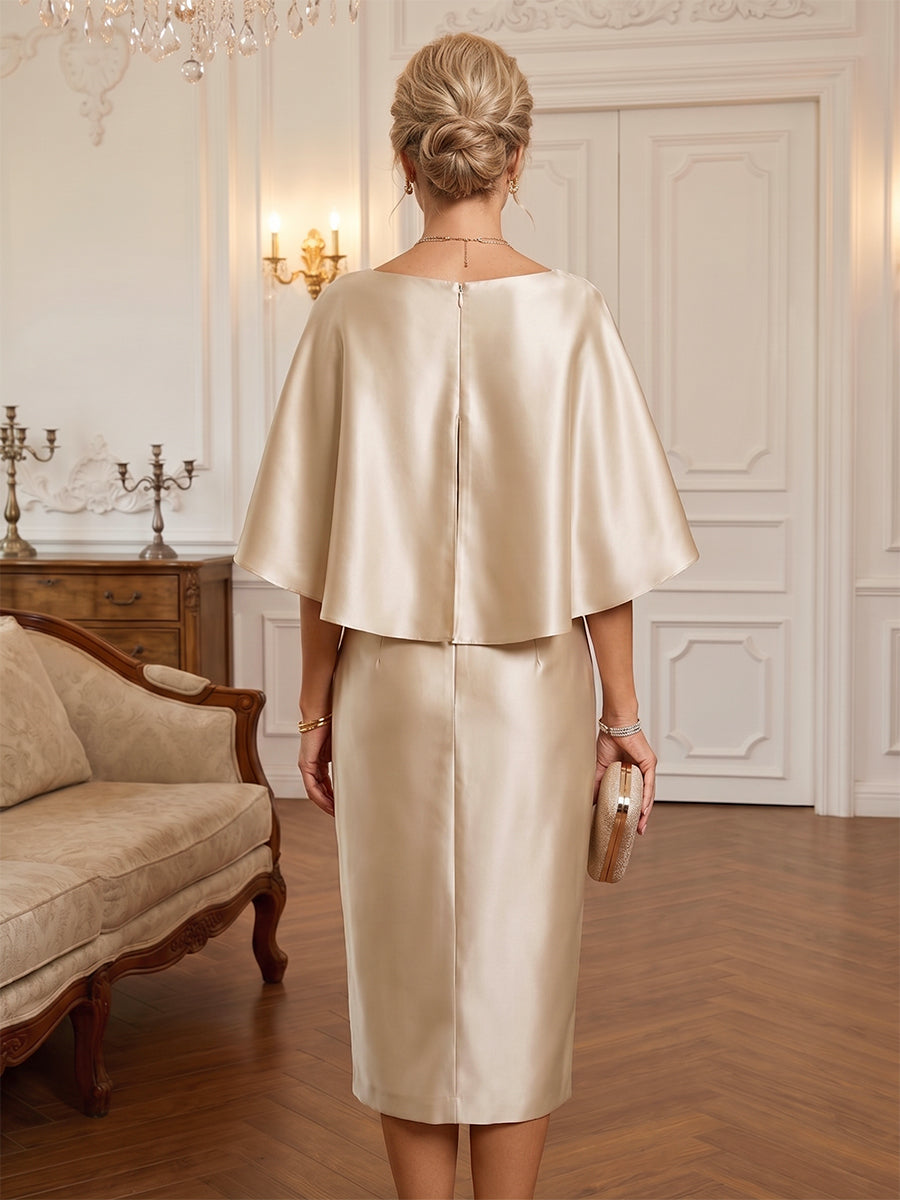 Sheath/Column Scoop Neck Satin Tea-Length Mother of the Bride & Groom Dresses with Ruched Waist (SHI22501621)