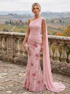 Mermaid/Trumpet One Shoulder Floral Embroidery Maxi Mother of the Bride & Groom Dresses with Side Sash & Ruched Waist (SHI22501626)