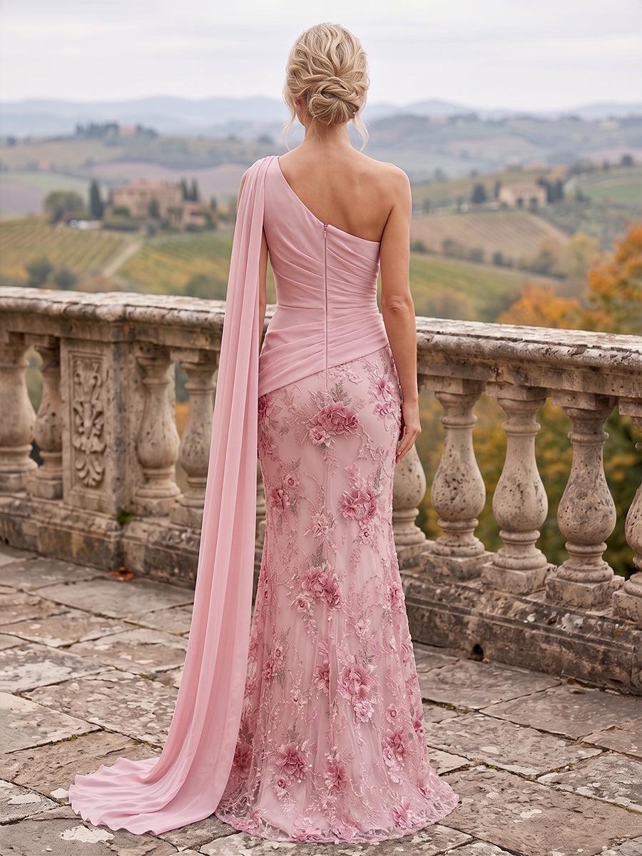 Mermaid/Trumpet One Shoulder Floral Embroidery Maxi Mother of the Bride & Groom Dresses with Side Sash & Ruched Waist (SHI22501626)