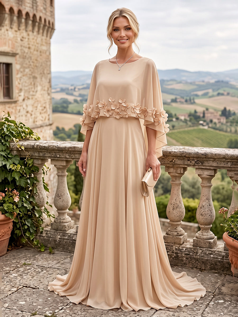 A-Line/Princess Scoop Neck Chiffon Maxi Mother of the Bride & Groom Dresses with 3D Flowers, Sweep Train & Pleats (SHI22501627)