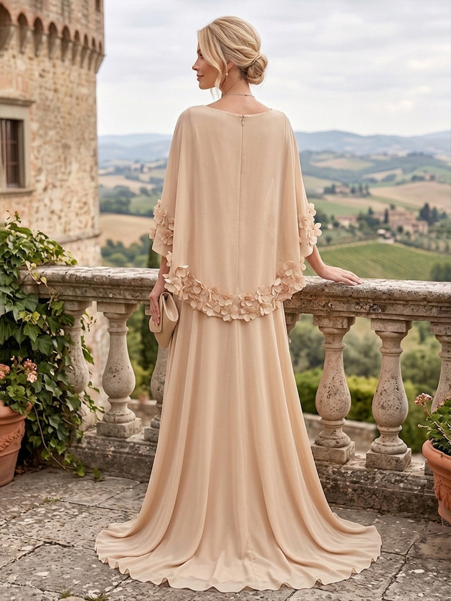 A-Line/Princess Scoop Neck Chiffon Maxi Mother of the Bride & Groom Dresses with 3D Flowers, Sweep Train & Pleats (SHI22501627)