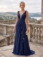 A-Line/Princess V-Neck Chiffon Maxi Mother of the Bride & Groom Dresses with Ruffles, Slit, Ruched Waist & Rhinestones (SHI22501628)