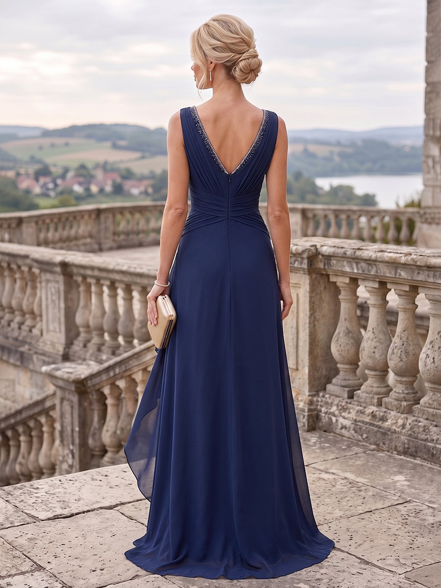 A-Line/Princess V-Neck Chiffon Maxi Mother of the Bride & Groom Dresses with Ruffles, Slit, Ruched Waist & Rhinestones (SHI22501628)
