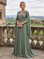 A-Line/Princess V-Neck Chiffon Maxi Mother of the Bride & Groom Dresses with Side Sash, Sweep Train & Ruched Bodice (SHI22501629)
