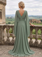A-Line/Princess V-Neck Chiffon Maxi Mother of the Bride & Groom Dresses with Side Sash, Sweep Train & Ruched Bodice (SHI22501629)