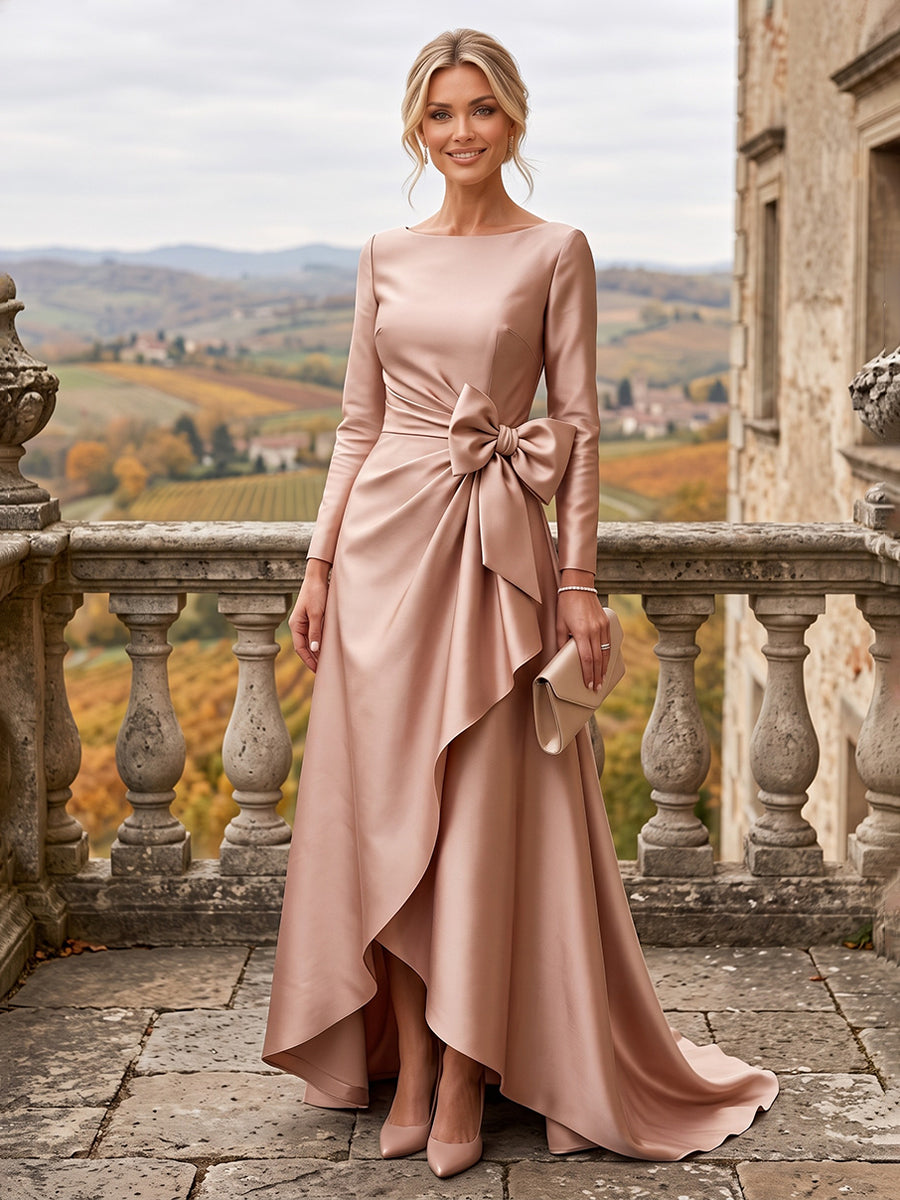 A-Line/Princess Scoop Neck Satin High-Low Mother of the Bride & Groom Dresses with Ruffles & Bow (SHI22501630)