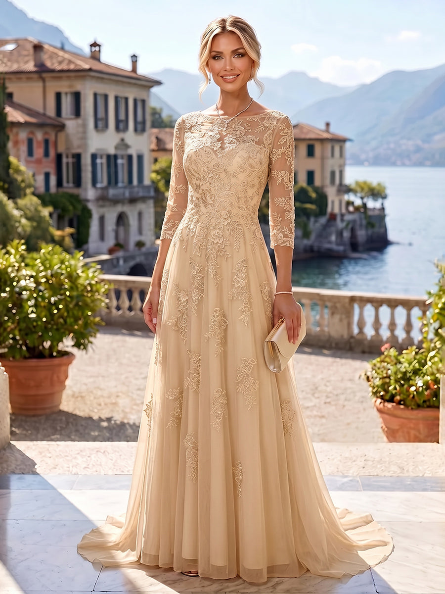 A-Line/Princess Scoop Neck Chiffon Maxi Mother of the Bride & Groom Dresses with Lace Appliques, Sweep Train & Pleats (SHI22501636)