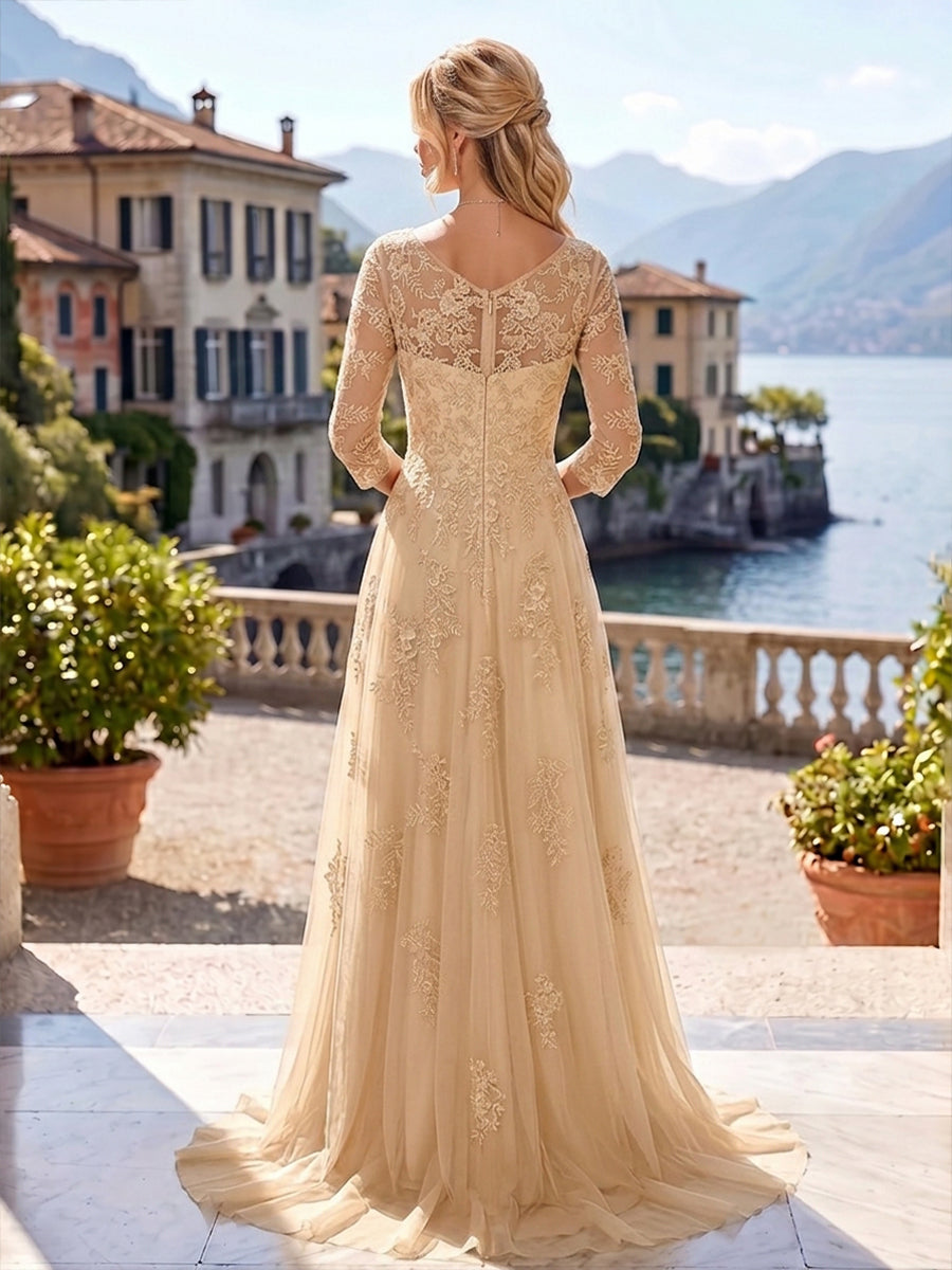 A-Line/Princess Scoop Neck Chiffon Maxi Mother of the Bride & Groom Dresses with Lace Appliques, Sweep Train & Pleats (SHI22501636)