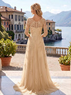 A-Line/Princess Scoop Neck Chiffon Maxi Mother of the Bride & Groom Dresses with Lace Appliques, Sweep Train & Pleats (SHI22501636)