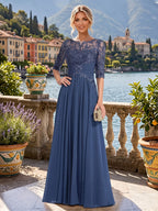 A-Line/Princess Scoop Neck Chiffon Maxi Mother of the Bride & Groom Dresses with Lace Appliques & Pleats (SHI22501638)