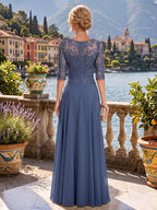 A-Line/Princess Scoop Neck Chiffon Maxi Mother of the Bride & Groom Dresses with Lace Appliques & Pleats (SHI22501638)