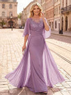 Sheath/Column Scoop Neck Chiffon Maxi Mother of the Bride & Groom Dresses with Lace Appliques, Sweep Train & Ruched Waist (SHI22501642)