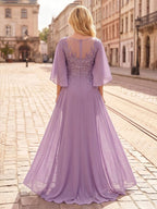 Sheath/Column Scoop Neck Chiffon Maxi Mother of the Bride & Groom Dresses with Lace Appliques, Sweep Train & Ruched Waist (SHI22501642)