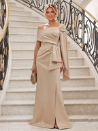 Sheath/Column Asymmetric Neck Satin Maxi Mother of the Bride & Groom Dresses with Side Sash, Slit & Ruched Waist (SHI22501643)