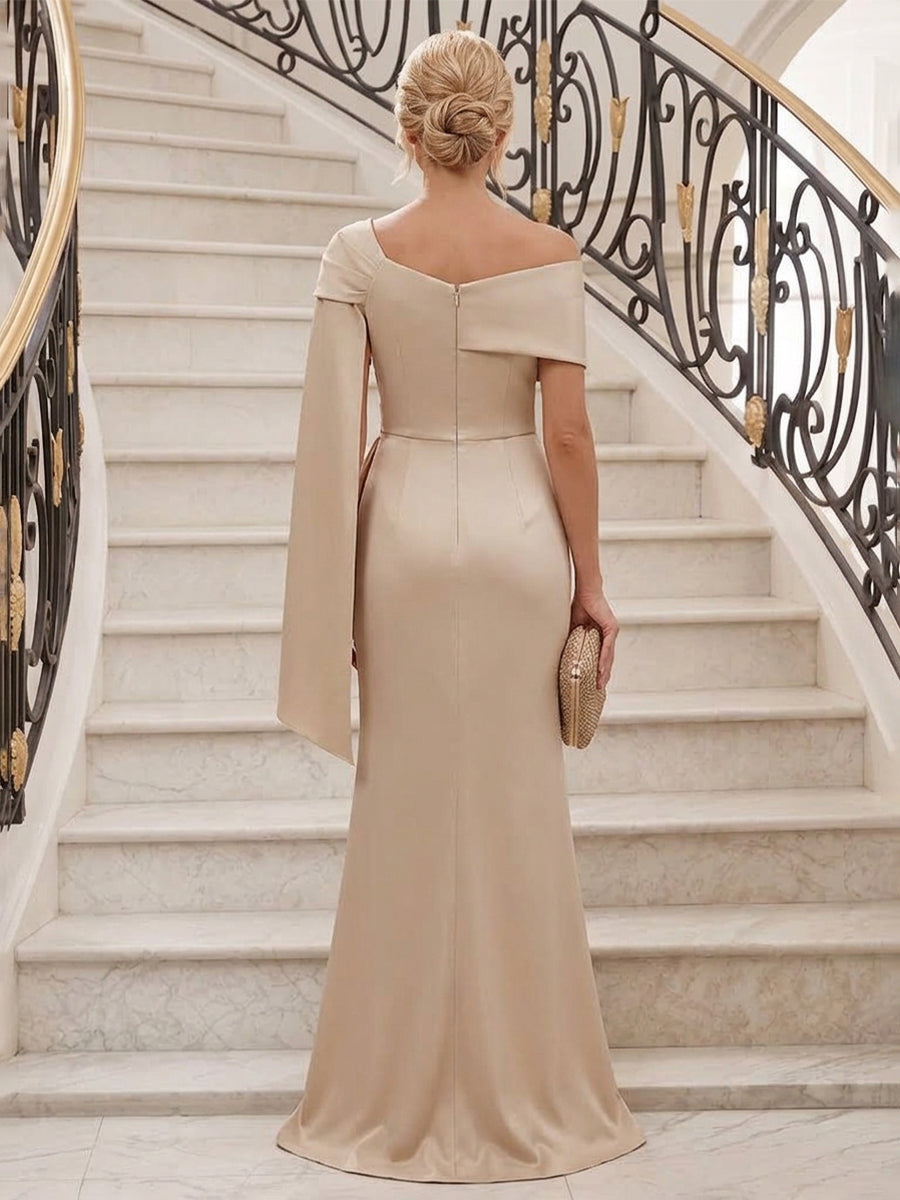 Sheath/Column Asymmetric Neck Satin Maxi Mother of the Bride & Groom Dresses with Side Sash, Slit & Ruched Waist (SHI22501643)