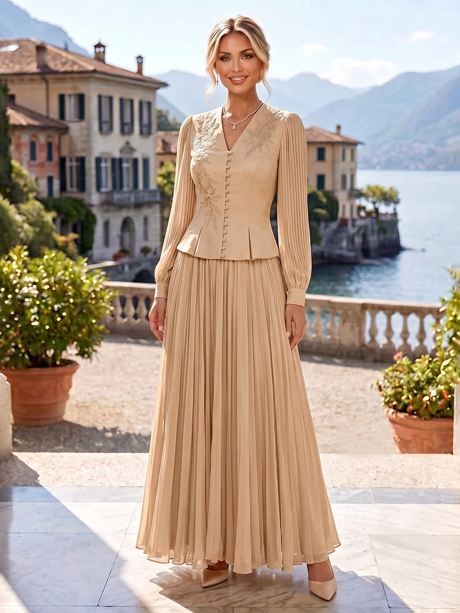 A-Line/Princess V-Neck Chiffon Maxi Mother of the Bride & Groom Dresses with Lace Appliques & Pleats (SHI22501650)