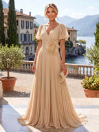 A-Line/Princess Off Shoulder Chiffon Floor-Length Mother of the Bride & Groom Dresses with Lace Appliques & Pleats (SHI22501566)