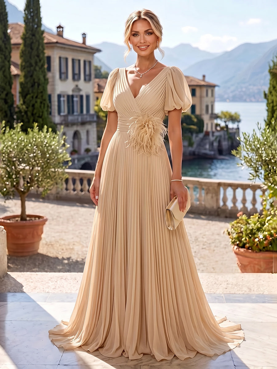 Sheath/Column Scoop Neck Chiffon Maxi Mother of the Bride & Groom Dresses with Lace Appliques, Sweep Train & Ruched Waist (SHI22501642)