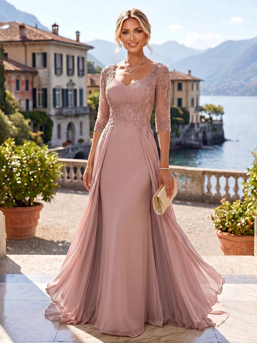 A-Line/Princess Sweetheart Chiffon Maxi Mother of the Bride & Groom Dresses with Lace Appliques & Sweep Train (SHI22501652)