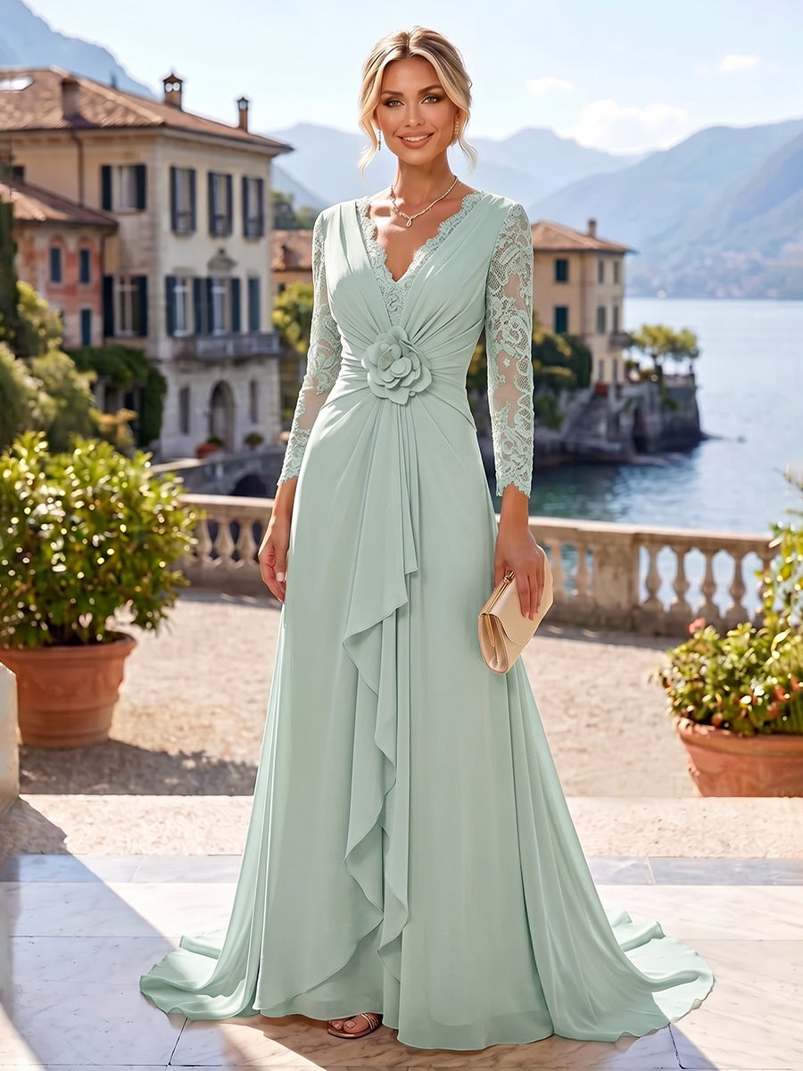 A-Line/Princess V-Neck Chiffon Maxi Mother of the Bride & Groom Dresses with Lace Appliques, Sweep Train, Ruffles, 3D Flowers & Ruched Waist (SHI22501653)