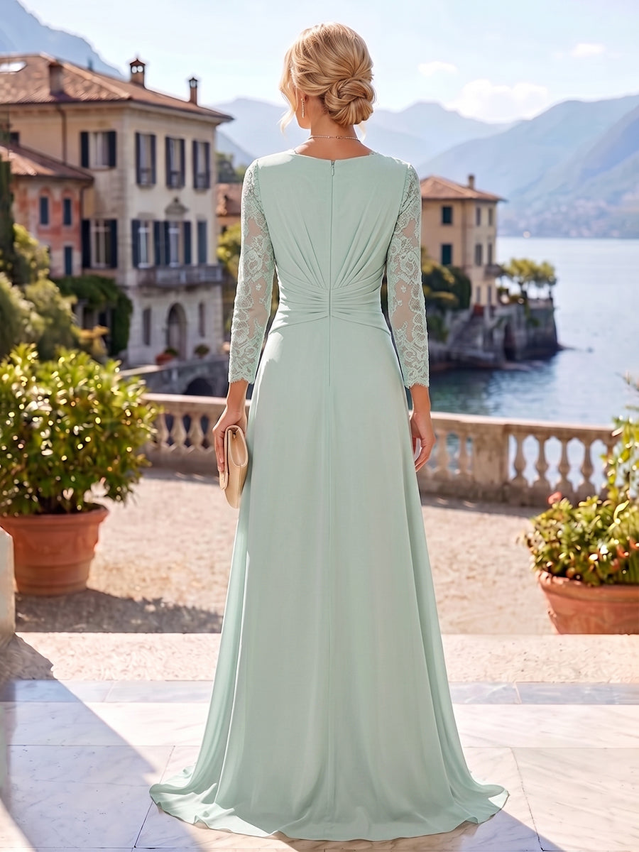 A-Line/Princess V-Neck Chiffon Maxi Mother of the Bride & Groom Dresses with Lace Appliques, Sweep Train, Ruffles, 3D Flowers & Ruched Waist (SHI22501653)