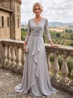 A-Line/Princess V-Neck Chiffon Maxi Mother of the Bride & Groom Dresses with Lace Appliques, Sweep Train, Ruffles, 3D Flowers & Ruched Waist (SHI22501653)