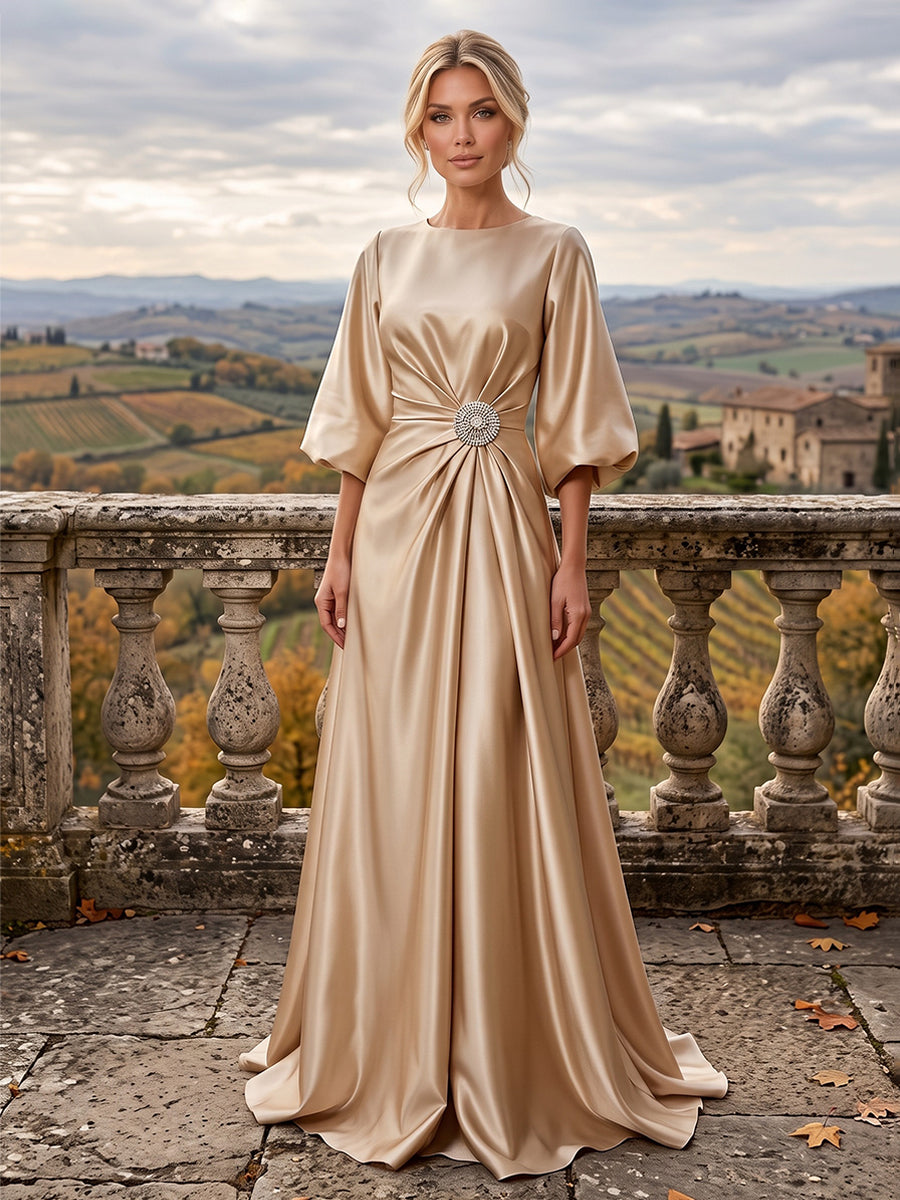 A-Line/Princess Scoop Neck Satin Maxi Mother of the Bride & Groom Dresses with Sweep Train, Ruched Waist & Rhinestones (SHI22501654)