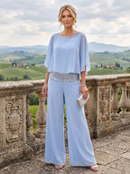 Jumpsuit Scoop Neck Chiffon Floor-Length Mother of the Bride Pantsuits with Rhinestones (SHI22501658)