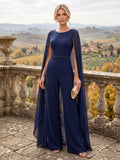 Jumpsuit Scoop Neck Chiffon Floor-Length Mother of the Bride Pantsuits with Rhinestones (SHI22501659)