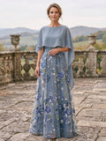A-Line/Princess Scoop Neck Floral Embroidery Maxi Mother of the Bride & Groom Dresses with Cape (SHI22501660)