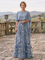 A-Line/Princess Scoop Neck Floral Embroidery Maxi Mother of the Bride & Groom Dresses with Cape (SHI22501660)