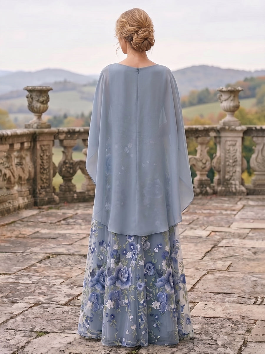 A-Line/Princess Scoop Neck Floral Embroidery Maxi Mother of the Bride & Groom Dresses with Cape (SHI22501660)