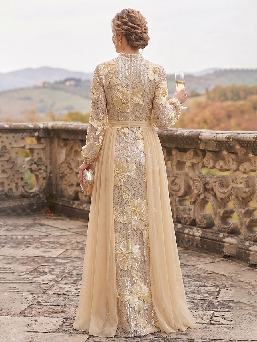 Sheath/Column High Neck Sequin Maxi Mother of the Bride & Groom Dresses with Floral Embroidery & Pleats (SHI22501661)