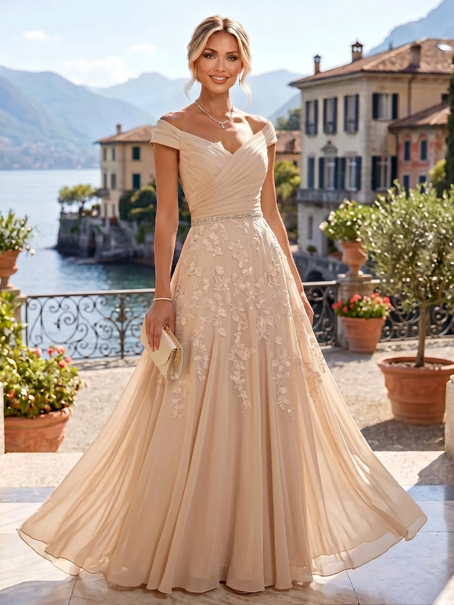 A-Line/Princess Off Shoulder Chiffon Floor-Length Mother of the Bride & Groom Dresses with Sequin, Lace Appliques & Pleats (SHI22501662)