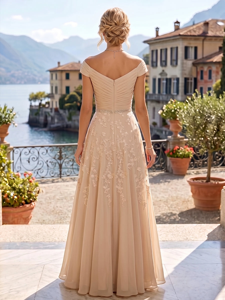 A-Line/Princess Off Shoulder Chiffon Floor-Length Mother of the Bride & Groom Dresses with Sequin, Lace Appliques & Pleats (SHI22501662)