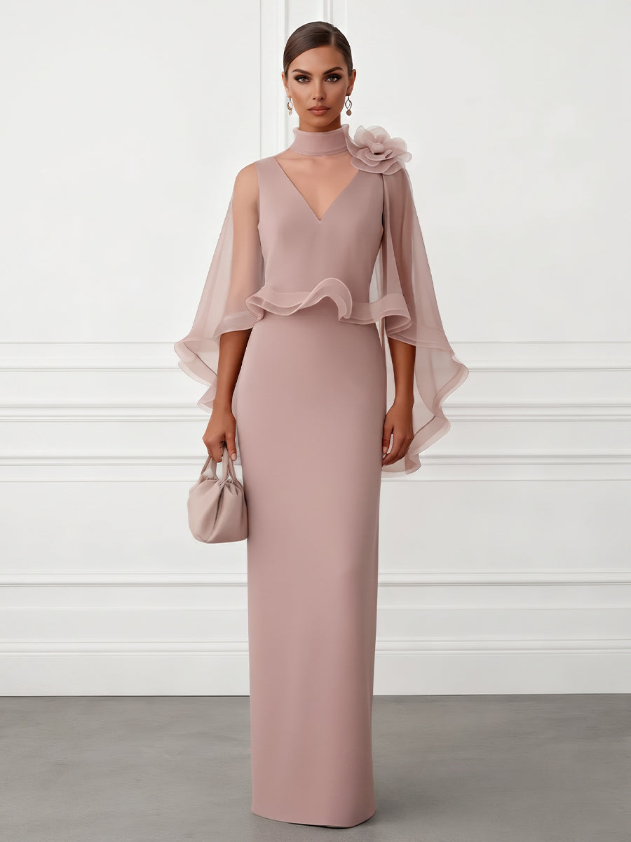 Sheath/Column V-Neck Satin Floor-Length Mother of the Bride & Groom Dresses with 3D Flowers & Ruffles (SHI22501665)