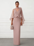 Sheath/Column V-Neck Satin Floor-Length Mother of the Bride & Groom Dresses with 3D Flowers & Ruffles (SHI22501665)