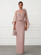 Sheath/Column V-Neck Satin Floor-Length Mother of the Bride & Groom Dresses with 3D Flowers & Ruffles (SHI22501665)
