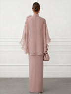 Sheath/Column V-Neck Satin Floor-Length Mother of the Bride & Groom Dresses with 3D Flowers & Ruffles (SHI22501665)