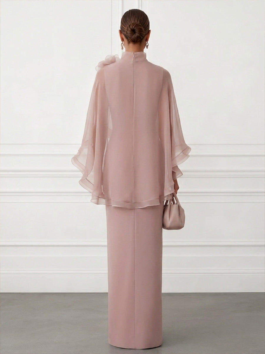Sheath/Column V-Neck Satin Floor-Length Mother of the Bride & Groom Dresses with 3D Flowers & Ruffles (SHI22501665)