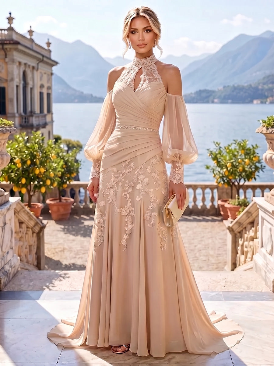 A-Line/Princess Off Shoulder Chiffon Floor-Length Mother of the Bride & Groom Dresses with Lace Appliques & Pleats (SHI22501667)