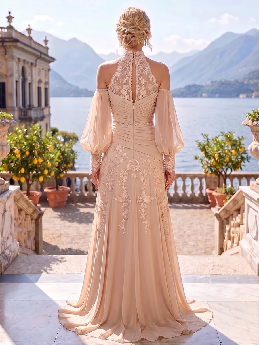 A-Line/Princess Off Shoulder Chiffon Floor-Length Mother of the Bride & Groom Dresses with Lace Appliques & Pleats (SHI22501667)