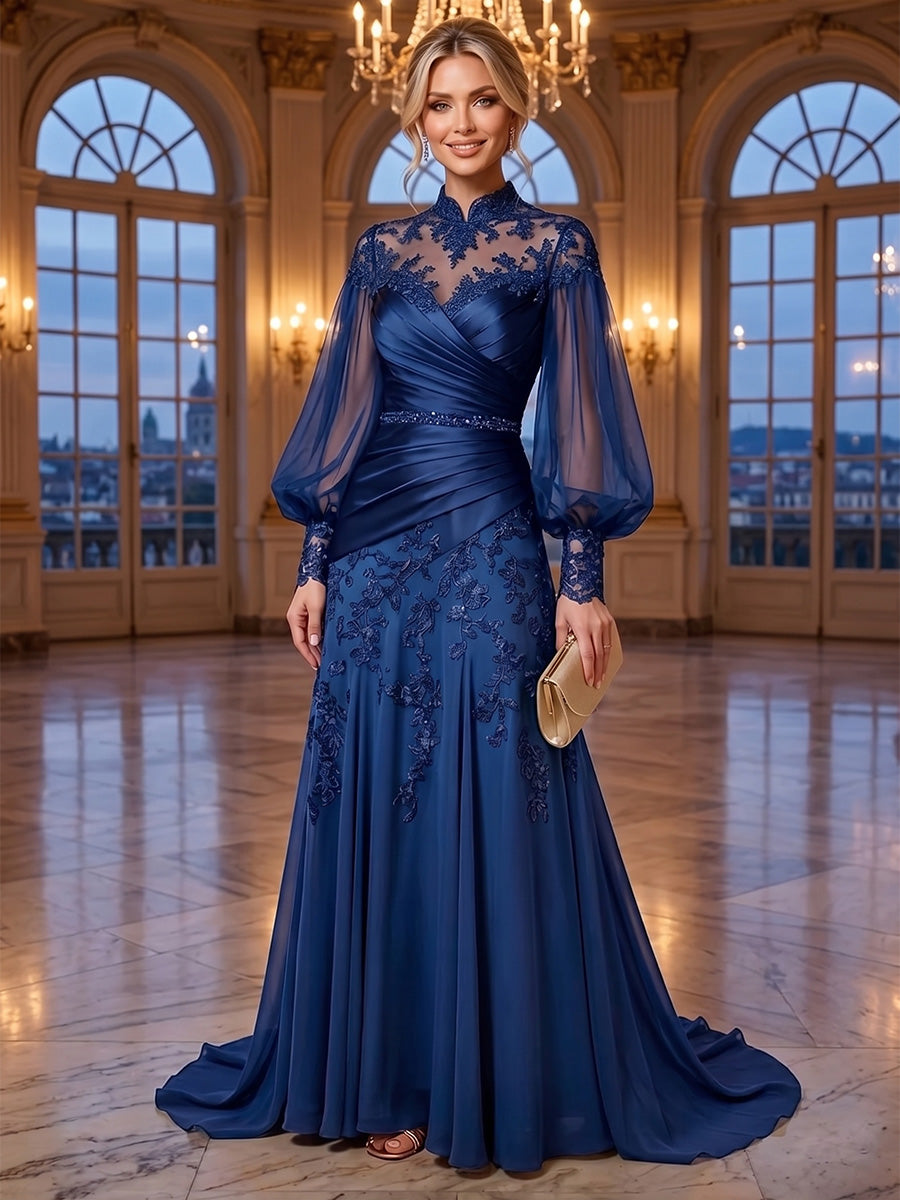 A-Line/Princess High Neck Lace Appliques Maxi Mother of the Bride & Groom Dresses with Satin Bodice & Pleats (SHI22501668)