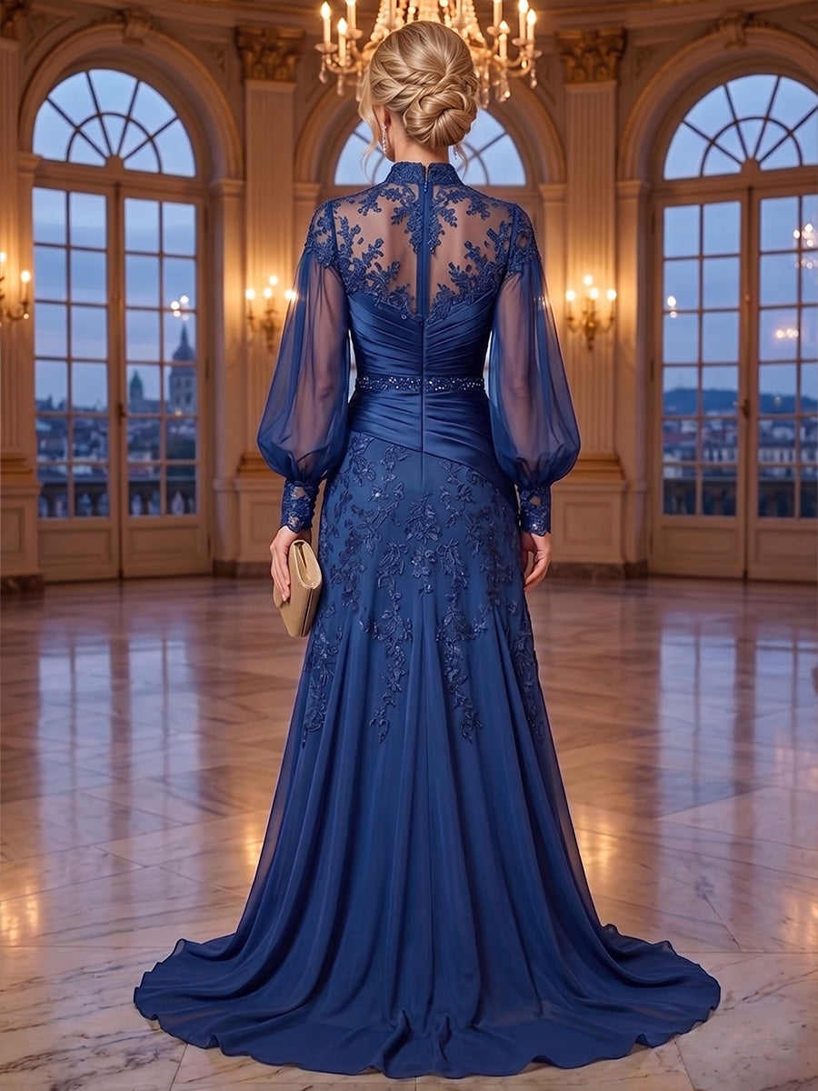 A-Line/Princess High Neck Lace Appliques Maxi Mother of the Bride & Groom Dresses with Satin Bodice & Pleats (SHI22501668)