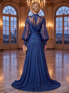 A-Line/Princess High Neck Lace Appliques Maxi Mother of the Bride & Groom Dresses with Satin Bodice & Pleats (SHI22501668)