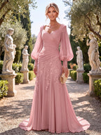 A-Line/Princess V-Neck Chiffon Floor-Length Mother of the Bride & Groom Dresses with Lace Appliques & Pleats (SHI22501670)